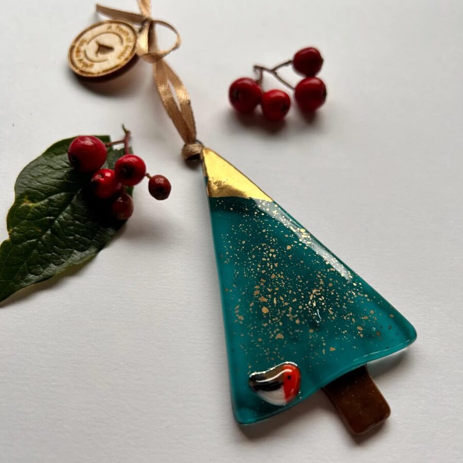 Fused Glass Peacock Blue Christmas Tree Decoration… Highland Hiddle