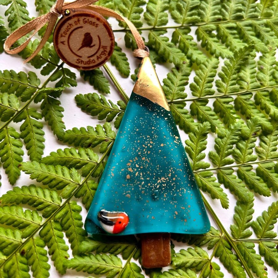Fused Glass Peacock Blue Christmas Tree Decoration… Highland Hiddle