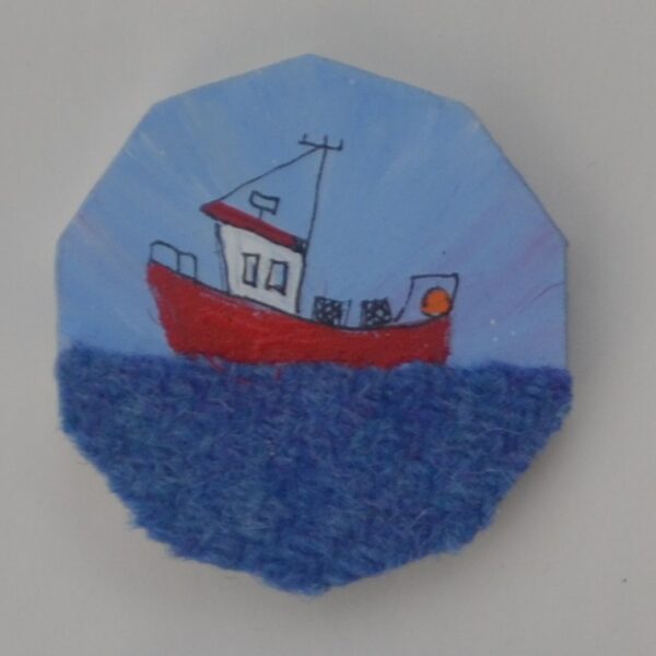 Fishing Boat on Harris Tweed Brooch