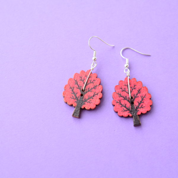Red Wooden Tree Single Button Earrings
