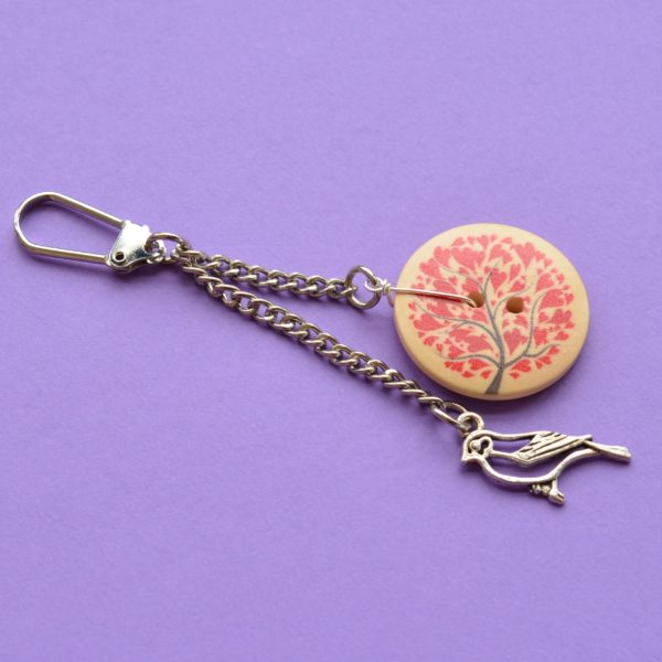 Bird and Tree Single Button Bag Charm Keyring