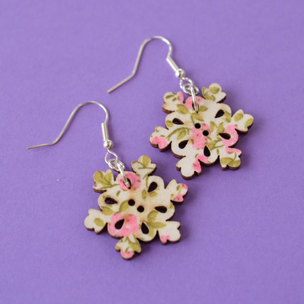 Pink & Green Floral Snowflake Wooden Single Button Earrings