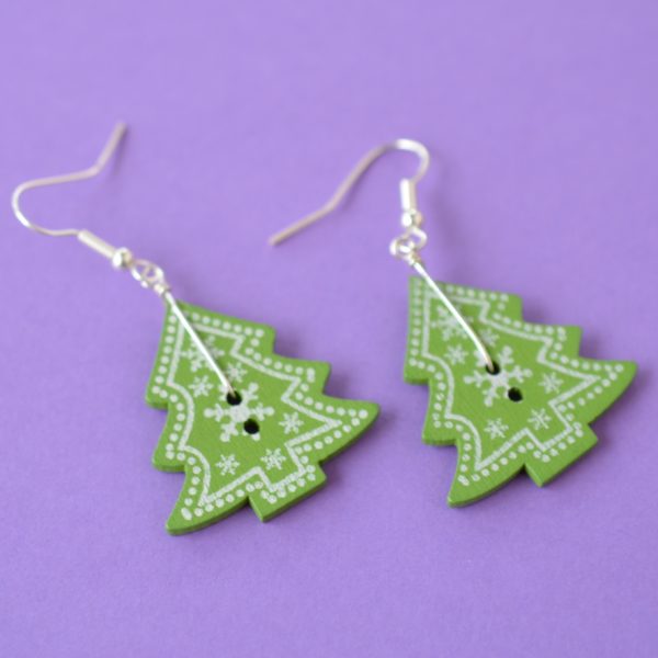 Christmas Tree Wooden Single Button Green Earrings