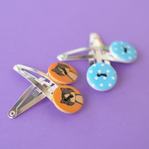 Two Pairs of Orange Cat & Blue Dot Button Hair Clips