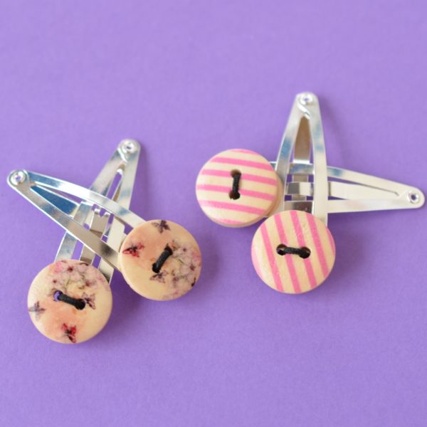 Two Pairs of Pink Floral & Stripe Button Hair Clips