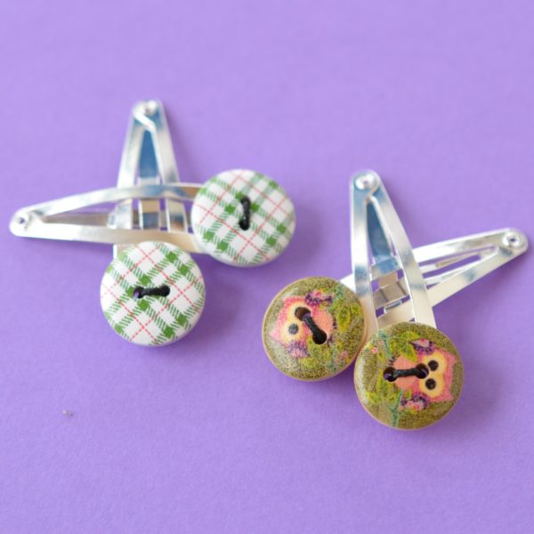 Two Pairs of Green Tartan & Owl Button Hair Clips