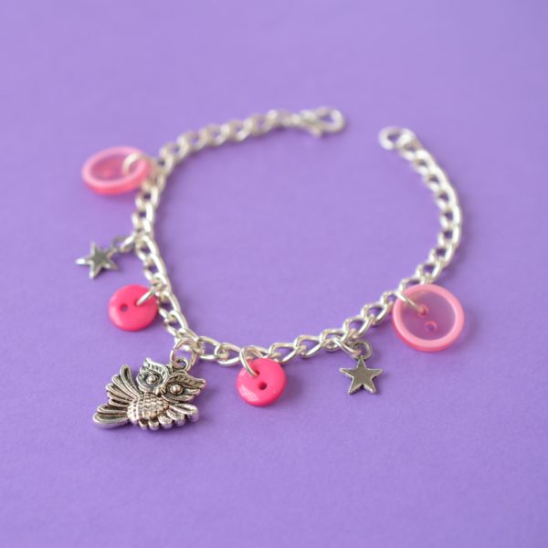 Child’s Pink Owl Button Charm Bracelet
