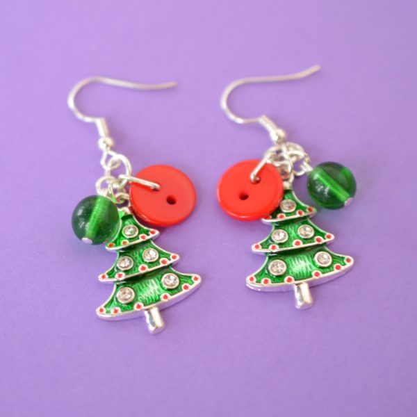 Red Green Christmas Tree Cluster Earrings