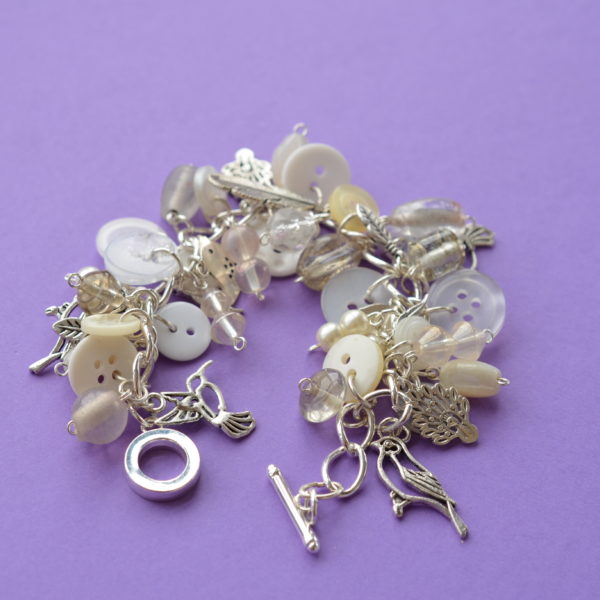 White Button & Bead Bird Charm Bracelet