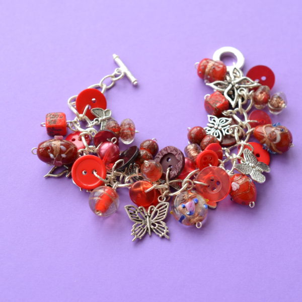 Red Button & Bead Butterfly Charm Bracelet