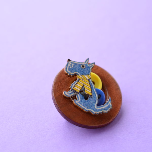 Yellow, Blue & Brown Dog Wooden Button Brooch