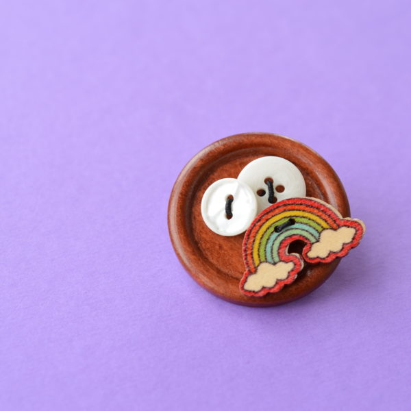 Rainbow, White & Brown Wooden Button Brooch