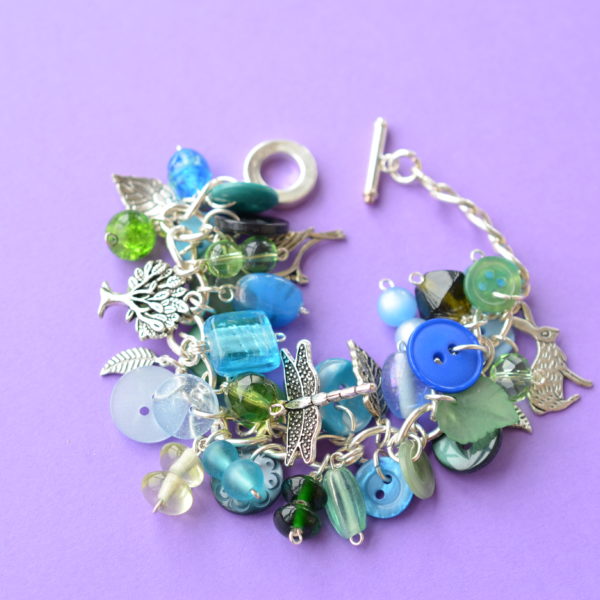Blue & Green Button & Bead Woodland Themed Charm Bracelet