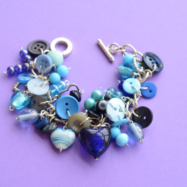 Blue Button & Bead Heart Charm Bracelet
