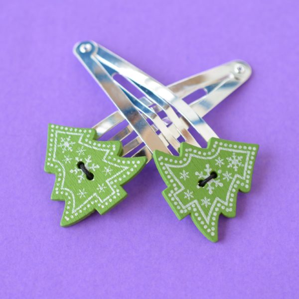 Pair of jumbo button hair clips green christmas tree