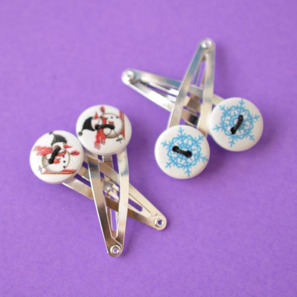 Two Pairs of Hair Clips Skiing Snowman and Snowflake