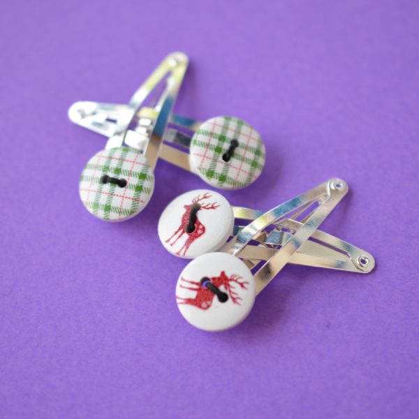 Two Pairs of Christmas Hair Clips Green Tartan & Stag Reindeer