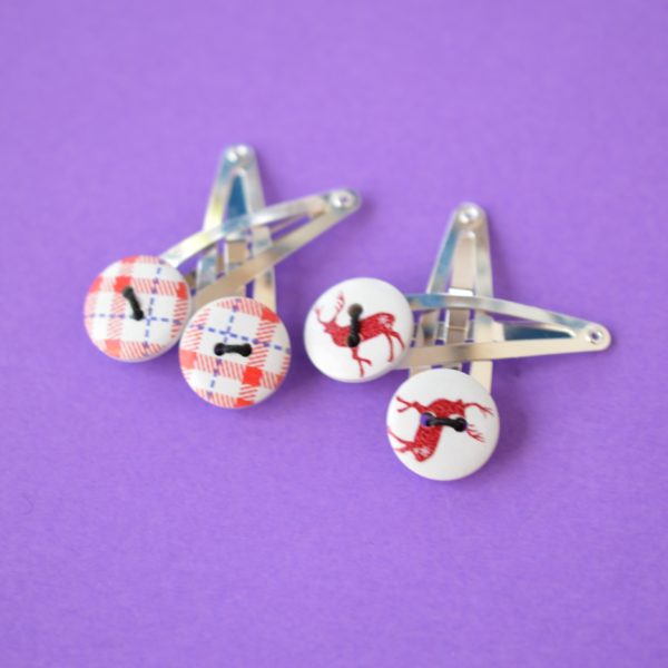 Two Pairs of Christmas Hair Clips Red Tartan & Stag Reindeer