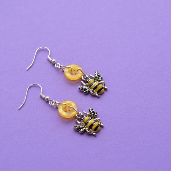 Yellow Bee Button Charm Earrings