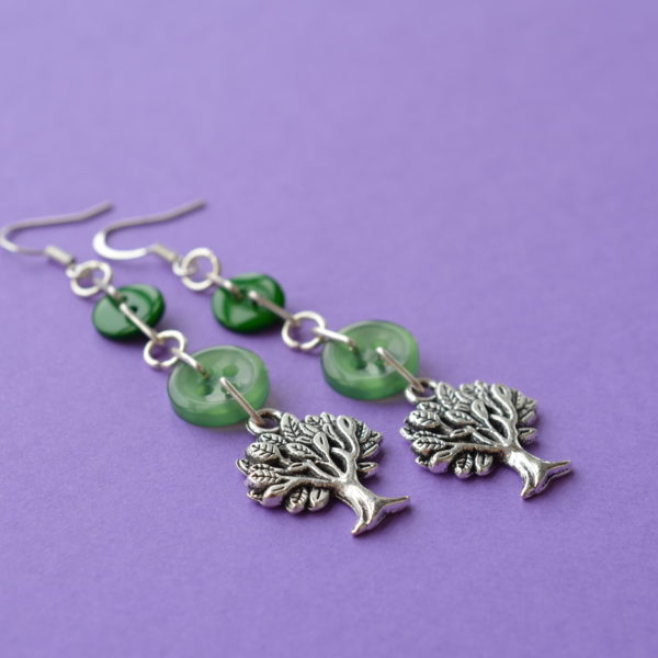 Green Tree Button Charm Earrings
