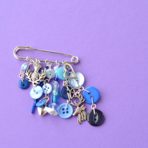 Blue Scottish Themed Cluster Charm Kilt Pin Brooch