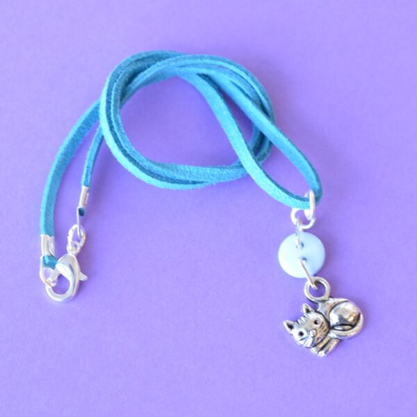 Child's Blue Cat Button Charm Necklace