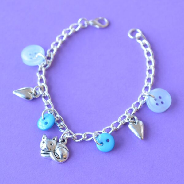 Child's Blue Cat Button Charm Bracelet
