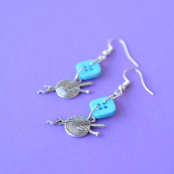 Turquoise Knitting Wool Button Charm Earrings