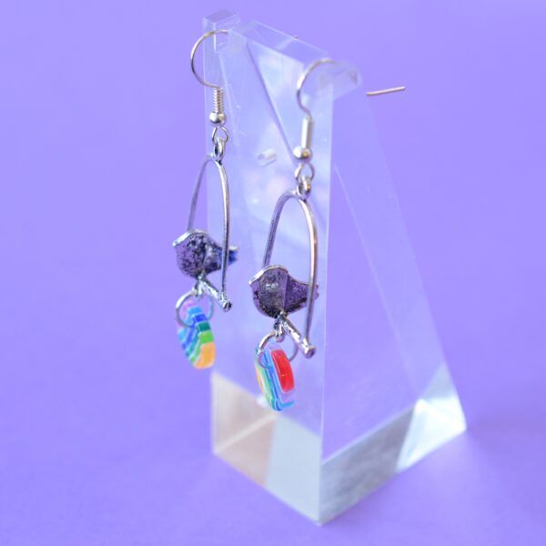 Rainbow Bird on a Perch Earrings