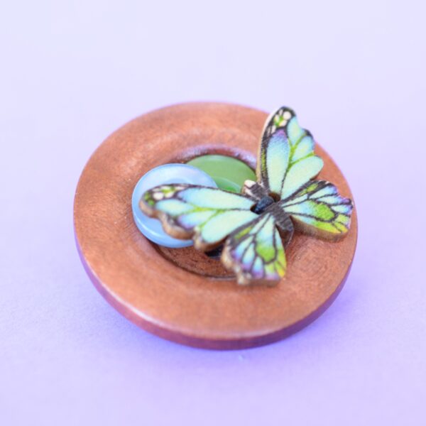 Green, Blue & Brown Butterfly Wooden Button Brooch