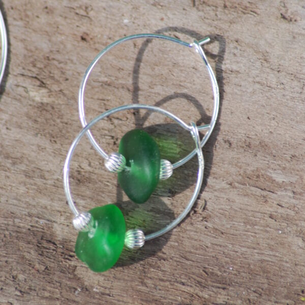 Sterling Silver Green Sea Glass Hoop Earrings 20 mm
