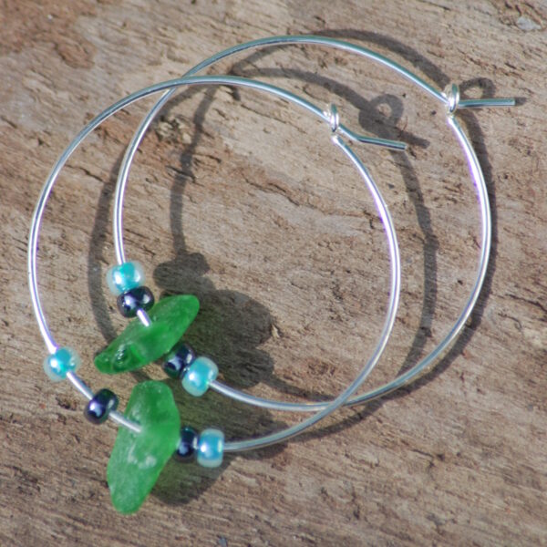 Sterling Silver Green Sea Glass Hoop Earrings 30 mm