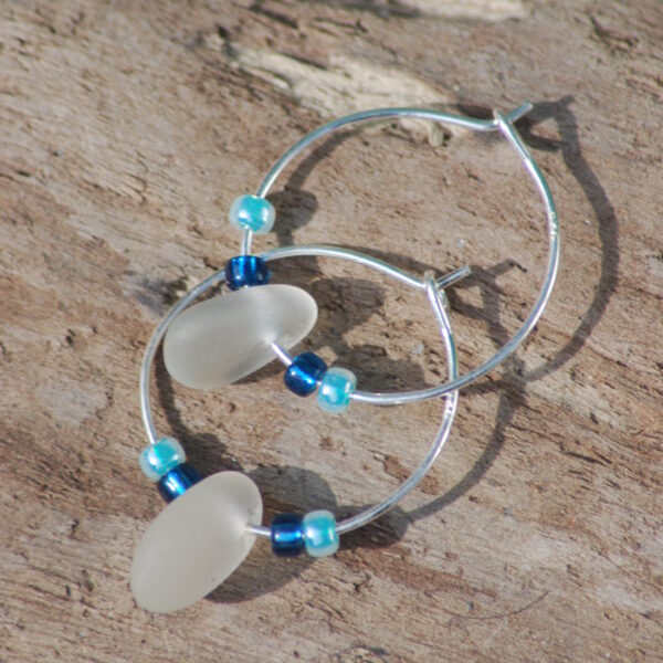 Sterling Silver Clear Sea Glass Hoop Earrings 30 mm