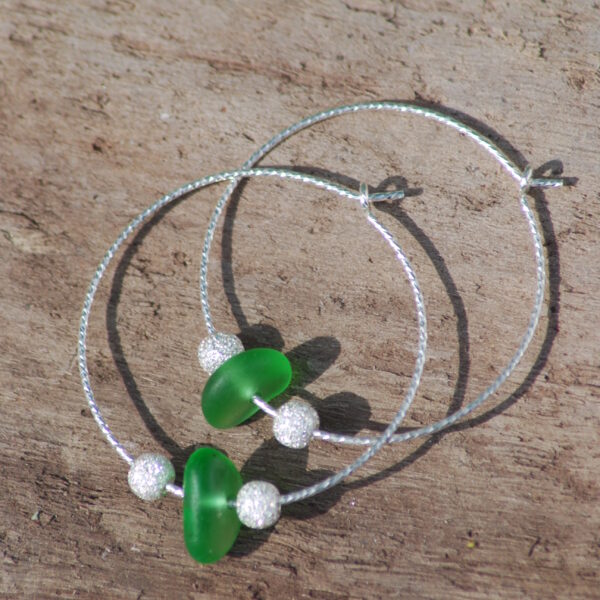 Sparkly Sterling Silver Green Sea Glass Hoop Earrings 30 mm