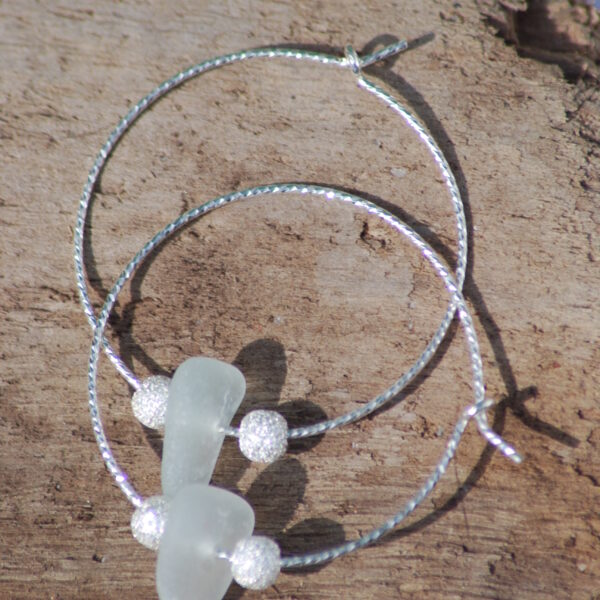 Sparkly Sterling Silver Clear Sea Glass Hoop Earrings 20 mm