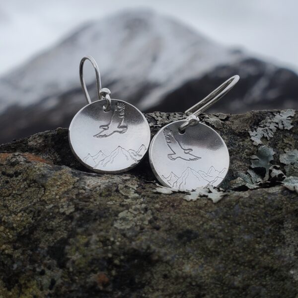 Sterling Silver Mountain and Eagle Disc Earrings