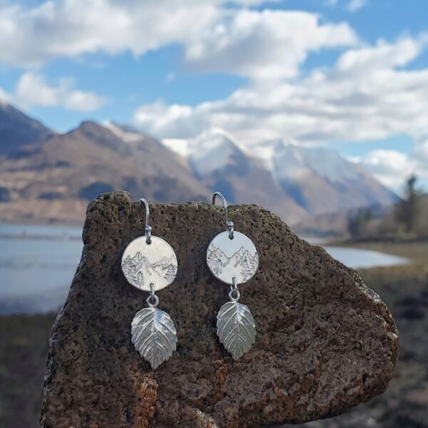 Sterling Silver Mountain Disc with Leaf Drop Earrings