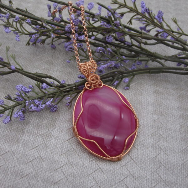 Pink Agate, Rose Gold Plated, Wire Wrapped Pendant