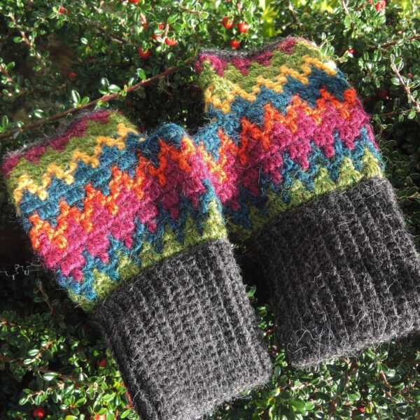 Multicoloured Mittens with Grey Cuff