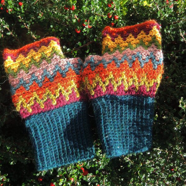 Multicoloured Mittens with Blue Cuff