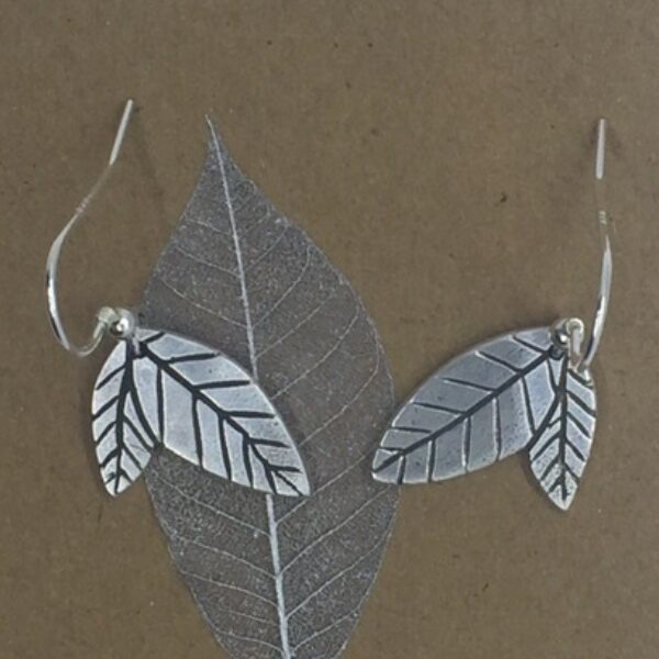 Silver Twin Leaves Earrings with Vein Detail