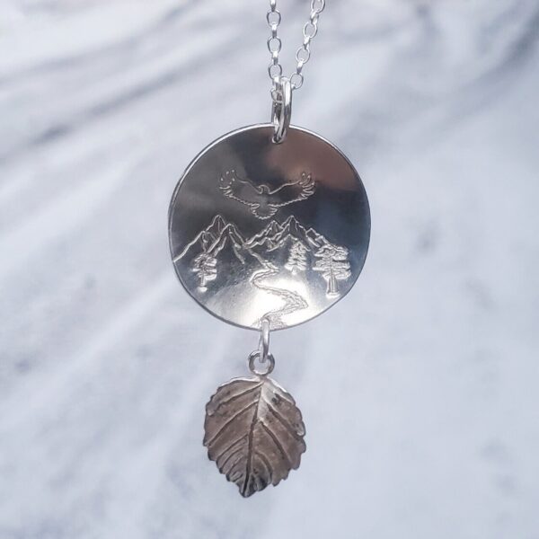 Sterling Silver Mountain Disc with Leaf Drop Necklace