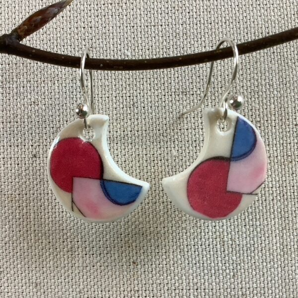 Pink and Blue Crescent Geometric Design Ceramic Earrings