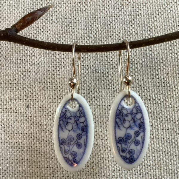 Blue and White Oval Flowers Ceramic Earrings