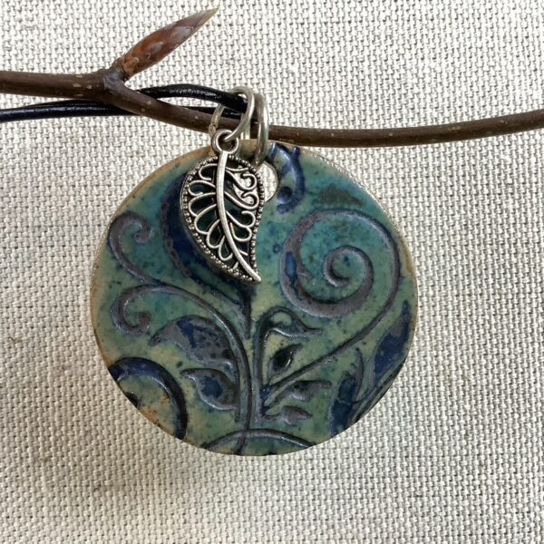 Turquoise and Cobalt Blue Spiral-Leaf Ceramic Pendant