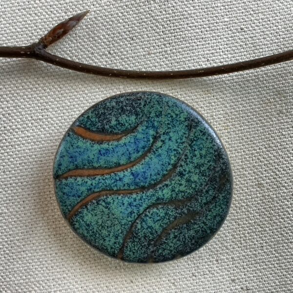 Blue-Green Incised Waves Ceramic Brooch