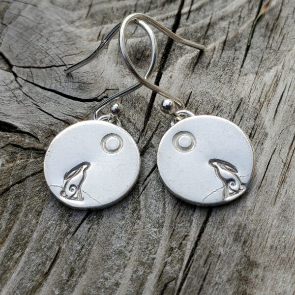 Moon Gazing Hare Sterling Silver Disk Earrings