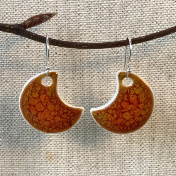 Orange Ember Glaze Crescent Ceramic Earrings