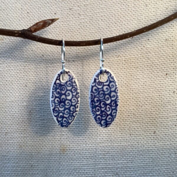 Blue and White Spiral Waves Oval Ceramic Earrings