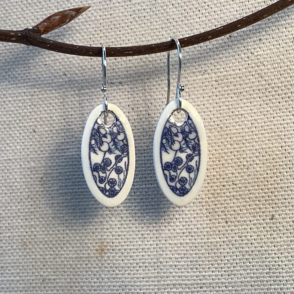 Blue and White Flower Oval Ceramic Earrings
